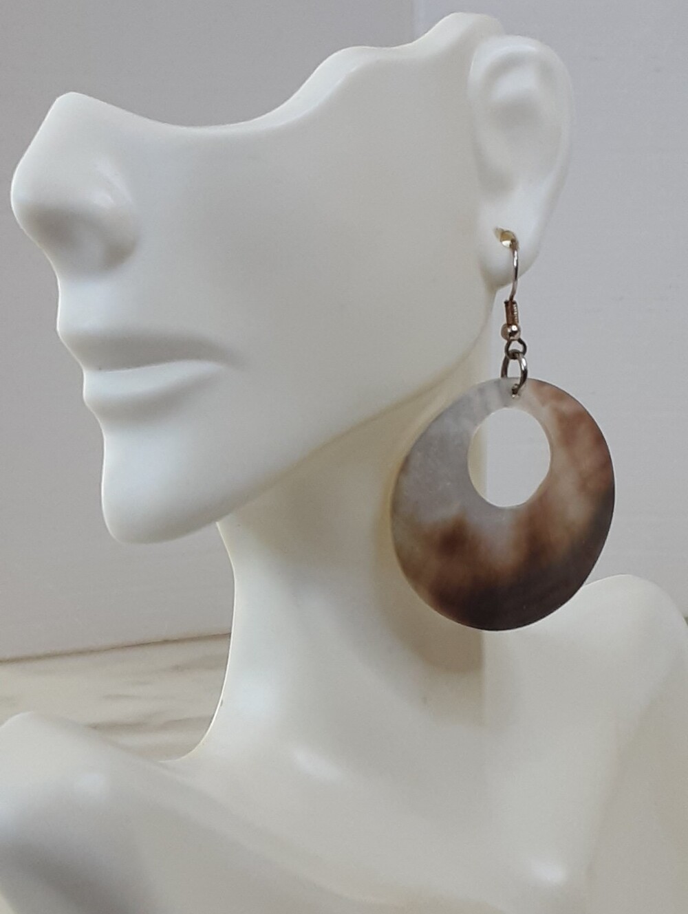 MOP Brown Marbled Silver Tone Hook Drop Donut Hoop Earrings 1.5"